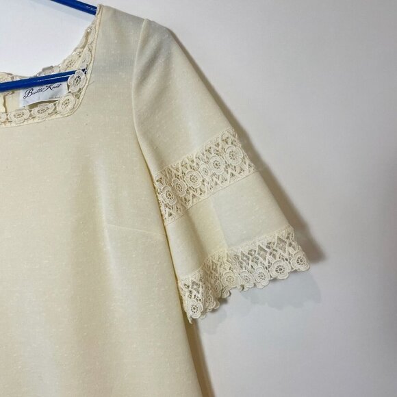 Butte Knit Vintage Short Sleeve Wedding Dress Lace M Ivory Square Neck S 70s 60s - Picture 3 of 14